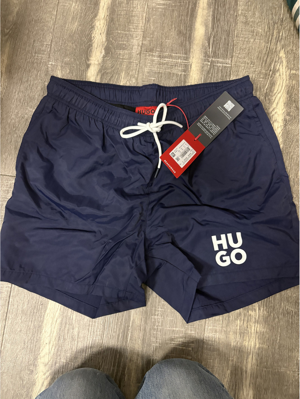 NWT HUGO Boss Men's Navy Swim Trunks Beach Shorts White Logo Swimwear